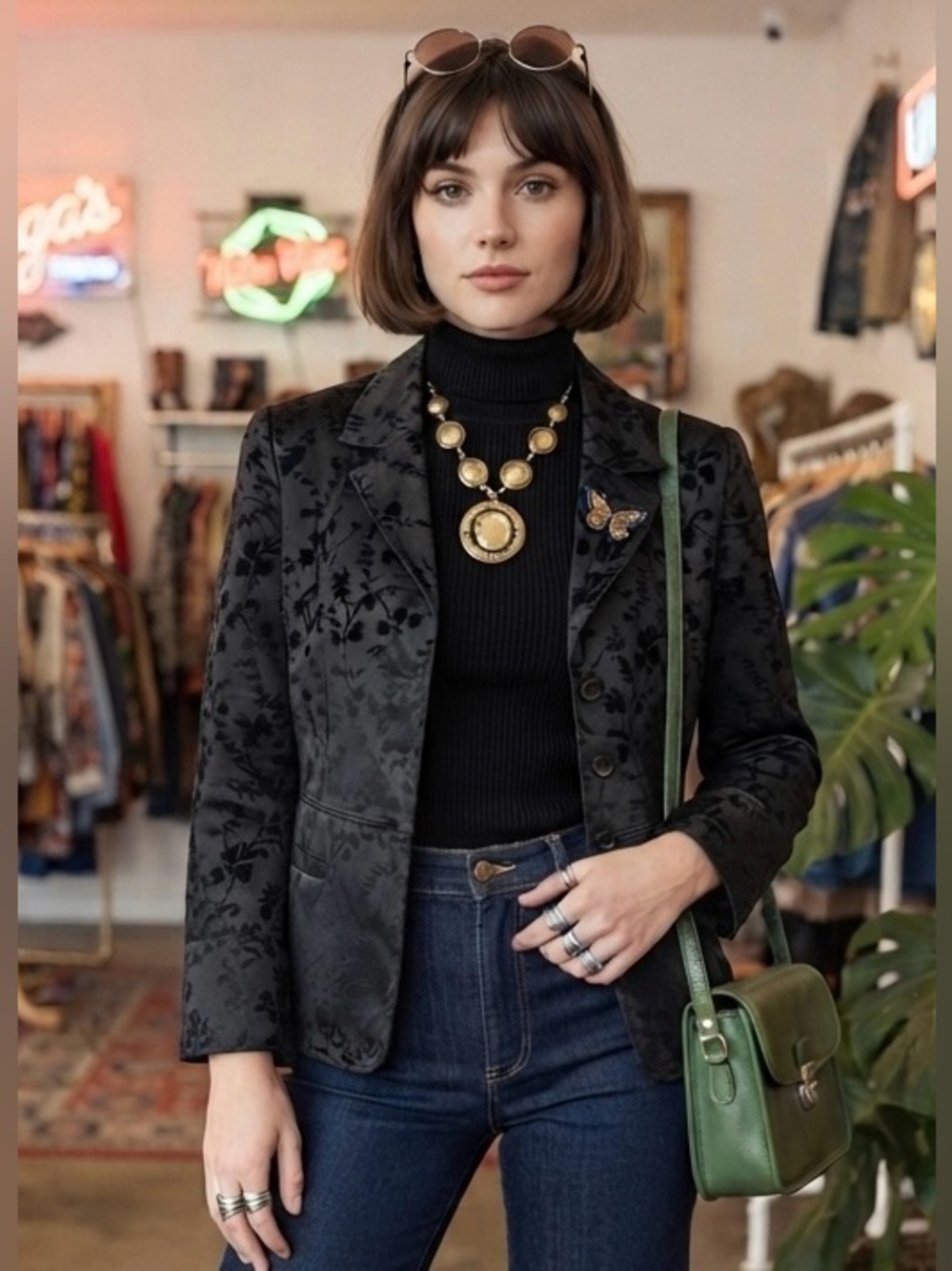 Philippe Adec Paris EUC vintage Black Jacquard 4 button Blazer, 2 pockets sz 8